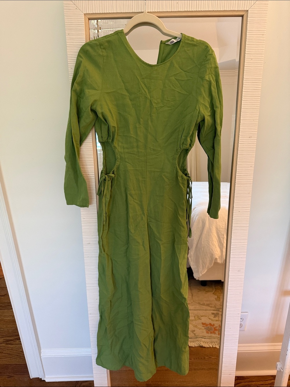 Zara Olive Green Long-Sleeve Midi Dress with Side Ties